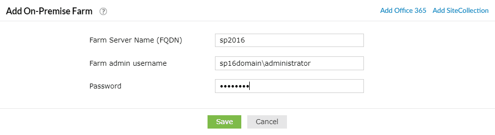 Adding an on-premises SharePoint farm in SharePoint Manager Plus