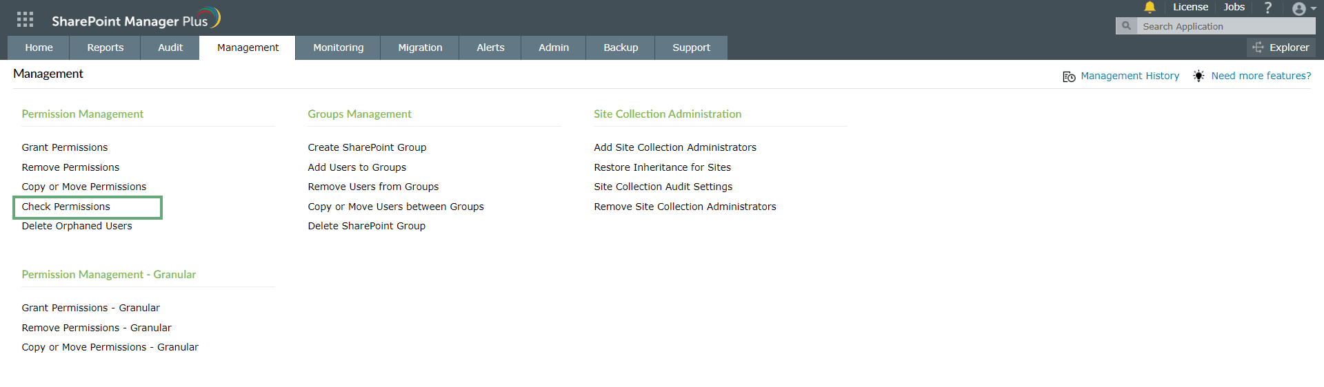Navigating to the Check Permissions feature in SharePoint Manager Plus