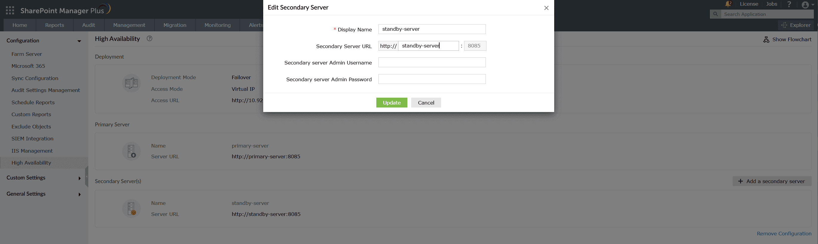 Editing a secondary server in a high availability configuration in SharePoint Manager Plus