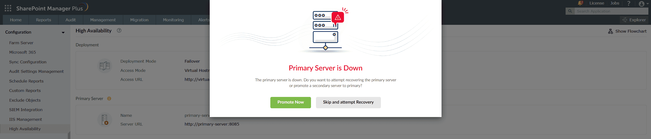 An image showing that the primary server is down in a high availability configuration in SharePoint Manager Plus