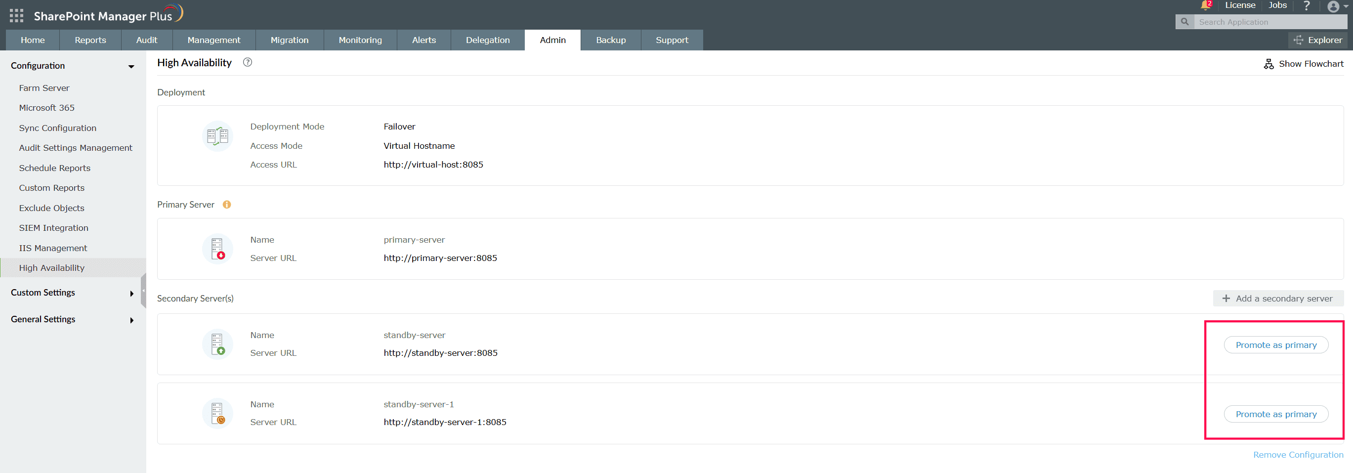 Promoting a secondary server to the primary role in a high availability configuration in SharePoint Manager Plus