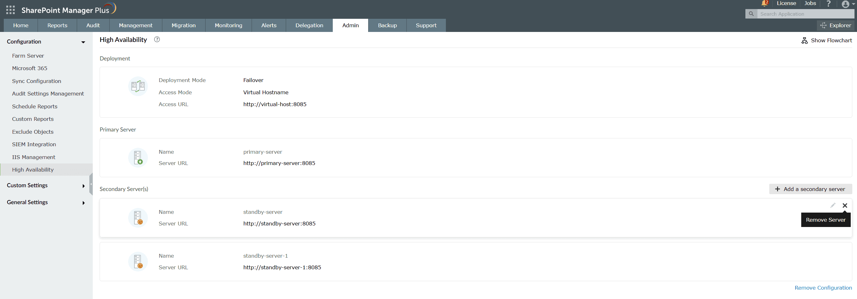 Removing a secondary server in a high availability configuration in SharePoint Manager Plus